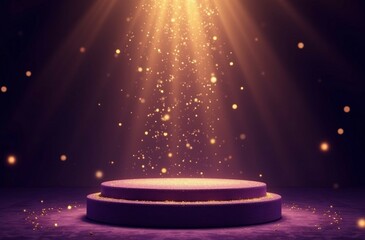 A purple podium is dramatically lit with golden sparkles, suggesting celebration or an exclusive event