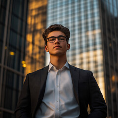 Professional young man in business attire urban skyscraper background portrait photography evening light confident expression for career inspiration