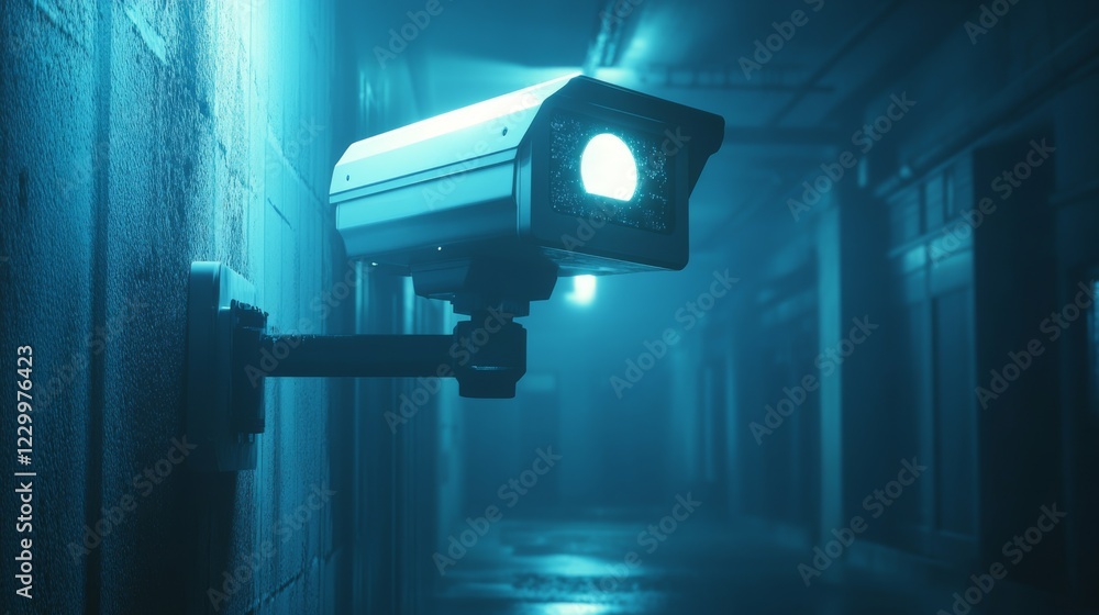 Poster a stunning shot of a high-tech cctv camera with infrared capabilities, set against a backdrop of a d