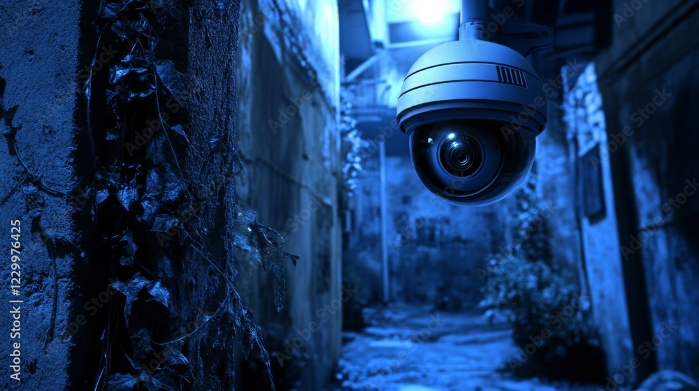 Poster a stunning shot of a high-tech cctv camera with infrared capabilities, set against a backdrop of a d