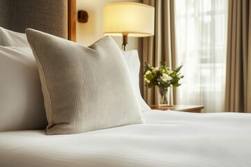 Relaxing hotel room with cozy pillow modern interior photography calm environment close-up view hospitality concept