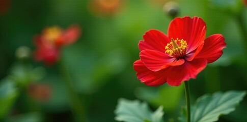 Obraz premium Flor roja y blanca en un jard?n con una fuente verde, primavera, verde