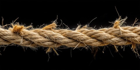 A close-up of a frayed rope with visible threads on a black background, showcasing the texture and wear of the material