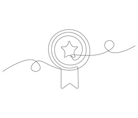 Winning badge in one continuous line drawing. Symbol of a winner. Award winning ribbon in simple linear style. Editable stroke. Doodle line illustration