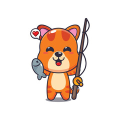 cat mascot cartoon character vector illustration catching fish with fishing rod.