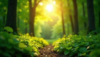 Fototapeta premium Sunlit forest, blurred background, vibrant greens, depth of field, trees
