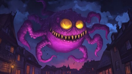 Gigantic Purple Monster Looms Over Dark Victorian Cityscape