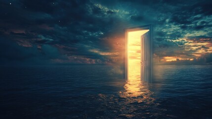 A wooden door leading to a serene ocean view with waves crashing on the shore