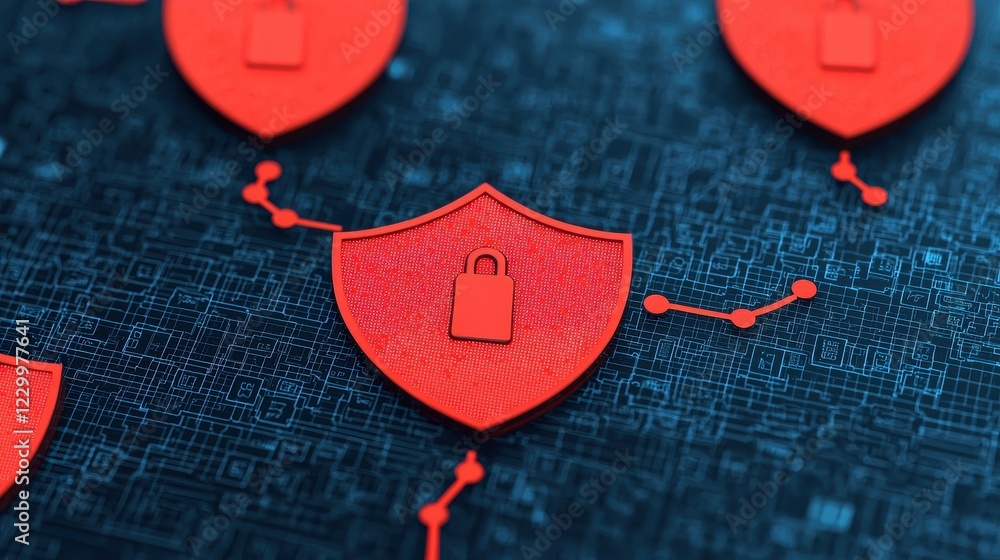 Poster digital technology concept with red shield and lock symbol overlay