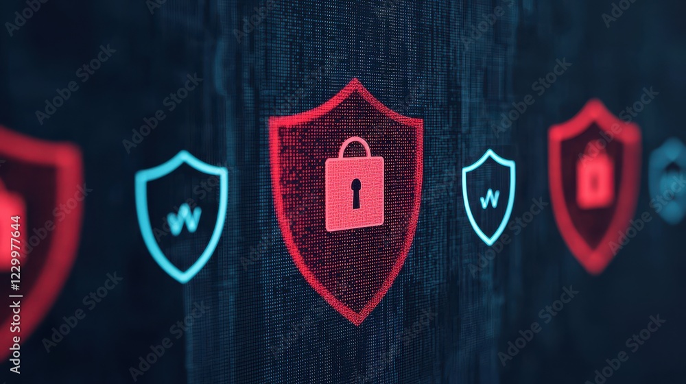 Poster digital security concept with colorful shield and lock symbols