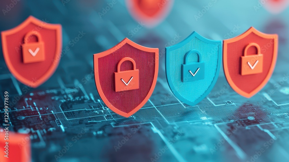 Poster digital security shields with locks against cyber threats background