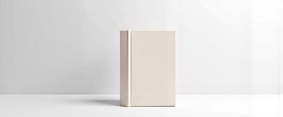 Hardcover book mockup standing on white surface, minimalistic design