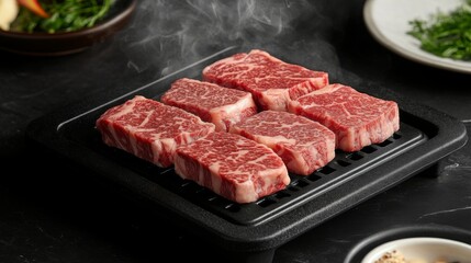 Fototapeta premium A tempting image of marbled steak cuts on a grill, sizzling and surrounded by smoke, capturing the deliciousness of cooking fresh meat