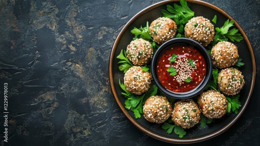 Poster a tempting platter of cheese balls arranged in a circle, sprinkled with sesame seeds and served with