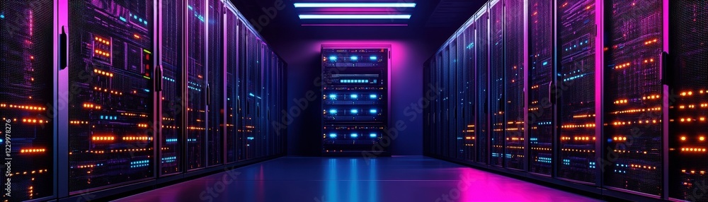 Poster long hallway featuring multiple rows of computer servers in a data center environment