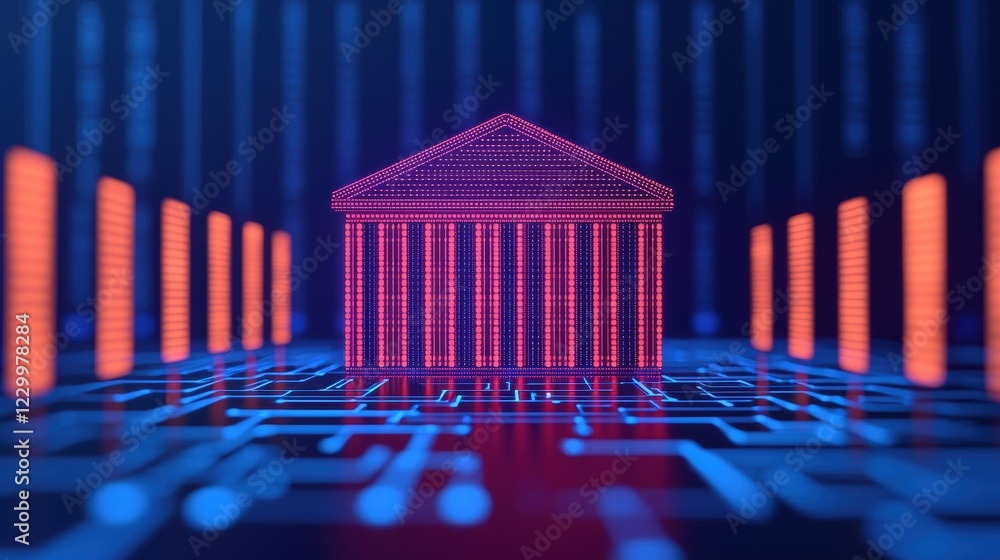 Poster neon digital bank building surrounded by circuit patterns and lights