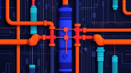 Colorful Abstract Illustration of Pipes and Connections in Blue and Orange