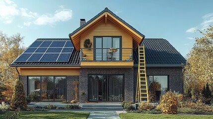 Obraz premium House with solar panels installed on the roof surrounded by greenery and clear blue sky