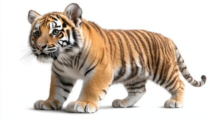 Obraz premium Vibrant tiger cub playfully strolling in a studio environment wildlife photography close-up view celebrating nature's beauty