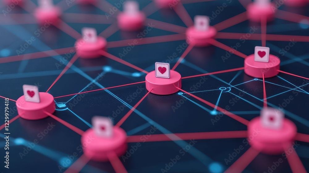 Poster digital connection concept with heart symbols on a network grid