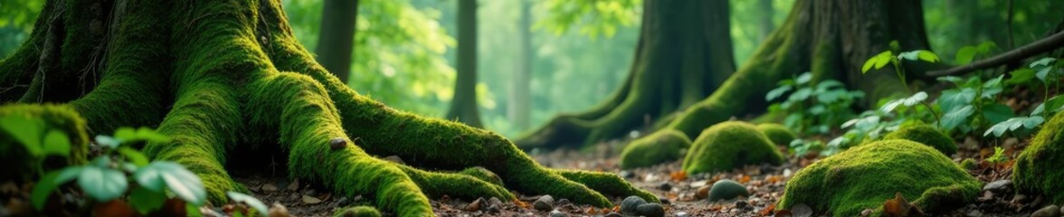 Lush moss on tree roots and boulders under dense forest, vines, epiphytes, moss