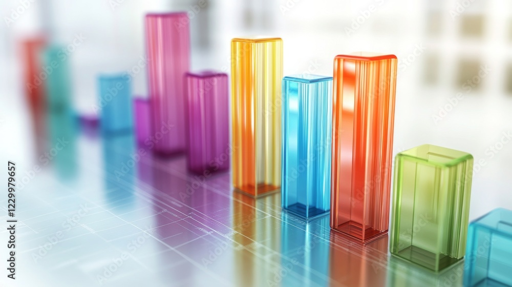 Poster a transparent d bar chart with vibrant bars of varying heights on a light background, creating a vis