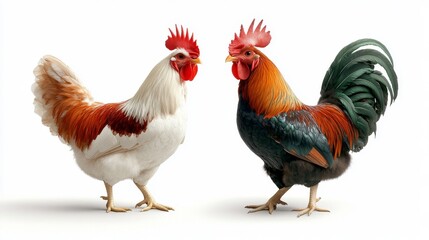 Fototapeta premium Captivating display of roosters and hens farmyard setting animal photography bright lighting close-up perspective poultry breeds diversity