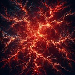 The image is a digital representation of red lightning against a dark background

