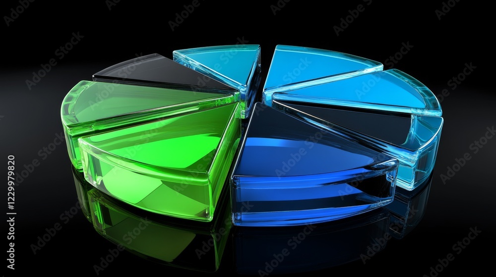 Aufkleber A transparent pie chart with vibrant blue and green segments, arranged in a circular layout on a dark reflective background, showcasing depth and clarity