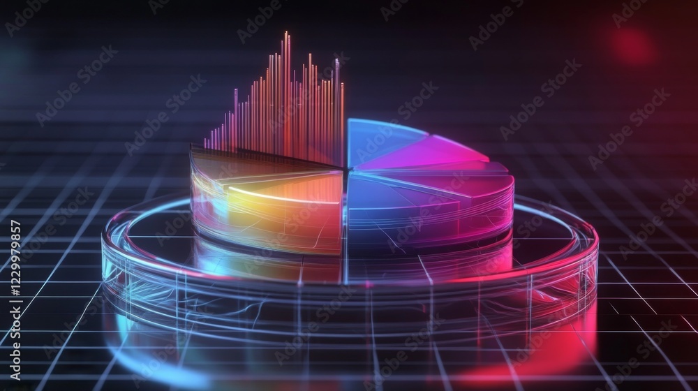 Leinwandbilder A transparent D pie chart with sleek, colorful sections rising from a reflective platform, showcasing business data against a dark backdrop with a glowing grid.