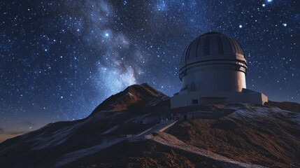 Obraz premium A space observatory with state-of-the-art telescopes and astronomical instruments, remote mountain peak with stars visible in the night sky, High-tech style