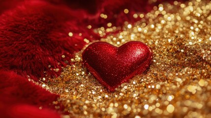 Fototapeta premium A close-up of a shiny red heart nestled in a pile of golden glitter on a luxurious red velvet surface.