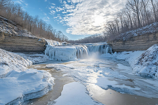 Landscape majestic frozen waterfall cascades down cliff or mountain. its icy layers glistening in soft sunlight. Icicles hang like crystal spears while snow blankets surrounding rocks in winter scene.