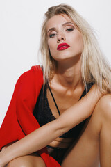 emotions and feelings concept - stunning blonde in delicate lingerie, moaning in ecstasy, lost in...