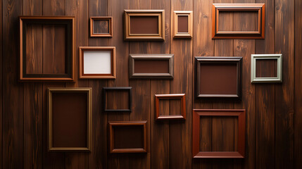 Artistic display of picture frames on rustic wooden wall home decor interior design natural setting eye-level view creativity