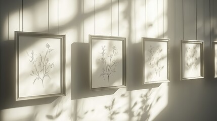 Art exhibition featuring botanical illustrations gallery space photography natural light close-up aesthetic appeal