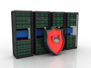 Obraz premium 3d illustration Data center server protection shield key 