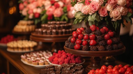 A dessert buffet with chocolate fountains and Valentines treats