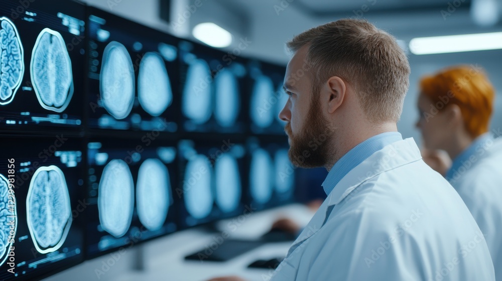 Poster medical professional analyzing brain scan data on multiple monitors