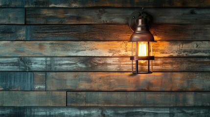 A warm-toned industrial-style wall lamp lighting up a rustic wooden wall.