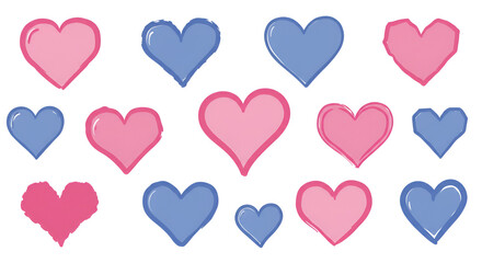 pink and blue hand drawn hearts isolated
