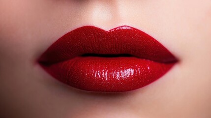Obraz premium Glossy Red Lips Close Up with Shimmering Finish and Smooth Texture
