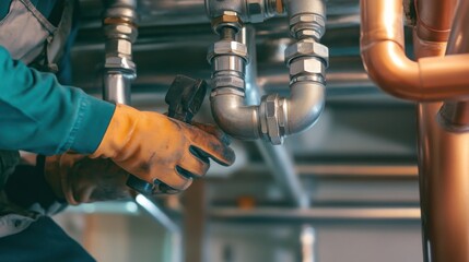 A detailed shot of a plumber fixing pipes in a commercial building under renovation, Plumbing repair scene, Infrastructure maintenance style