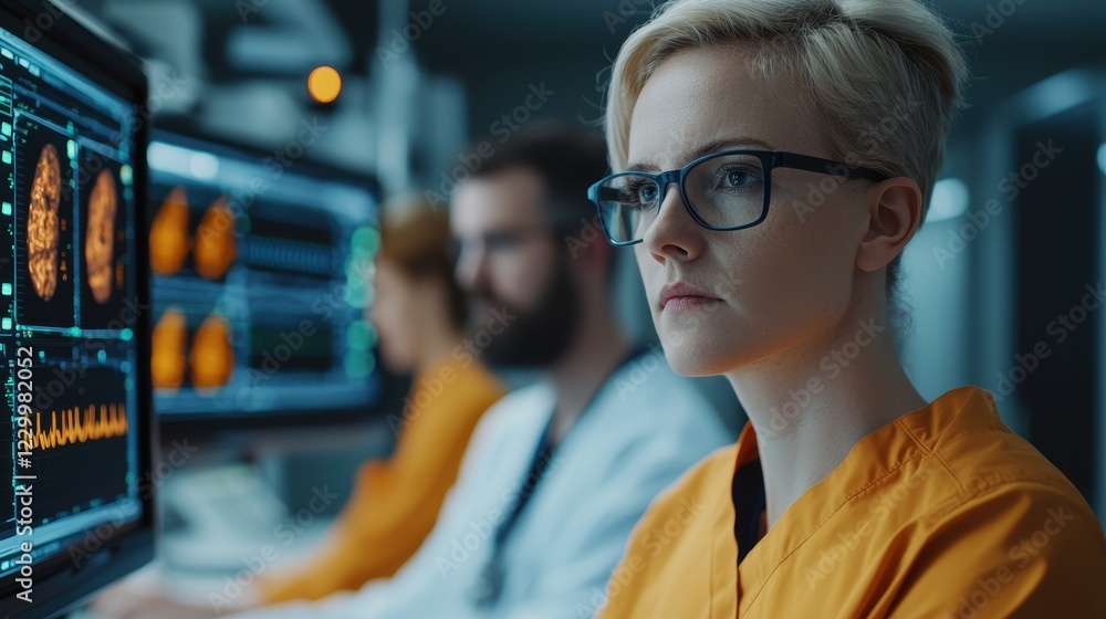 Poster focused medical team analyzing data on computer screens in lab