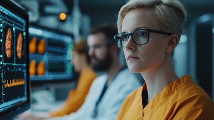 Focused Medical Team Analyzing Data on Computer Screens in Lab