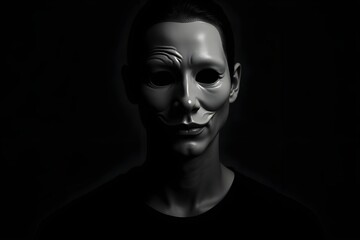 Sinister Masked Figure in Brooding Black and White Portrait