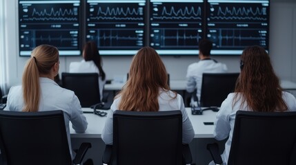 Obraz premium Medical Team Analyzing Data in High-Tech Monitoring Room