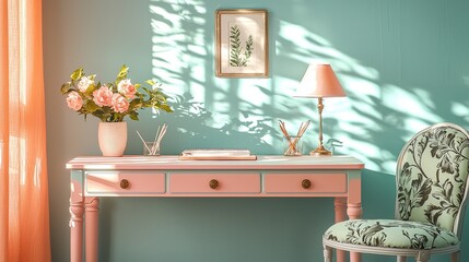 Elegant floral desk setup in cozy room bright light and soft colors contemporary decor interior design