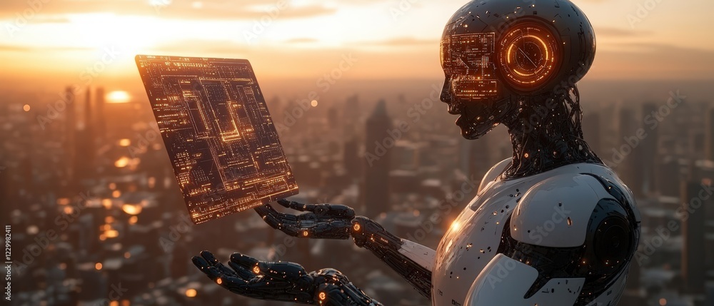 Aufkleber robot holding a piece of paper in its hands demonstrating technology and automation in modern societ