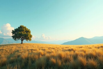 Fototapeta premium A minimalist landscape featuring a small forest in the distance, forest, natural light, mountains